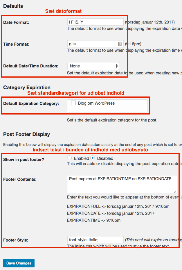 WordPress Post Expirator indstillinger